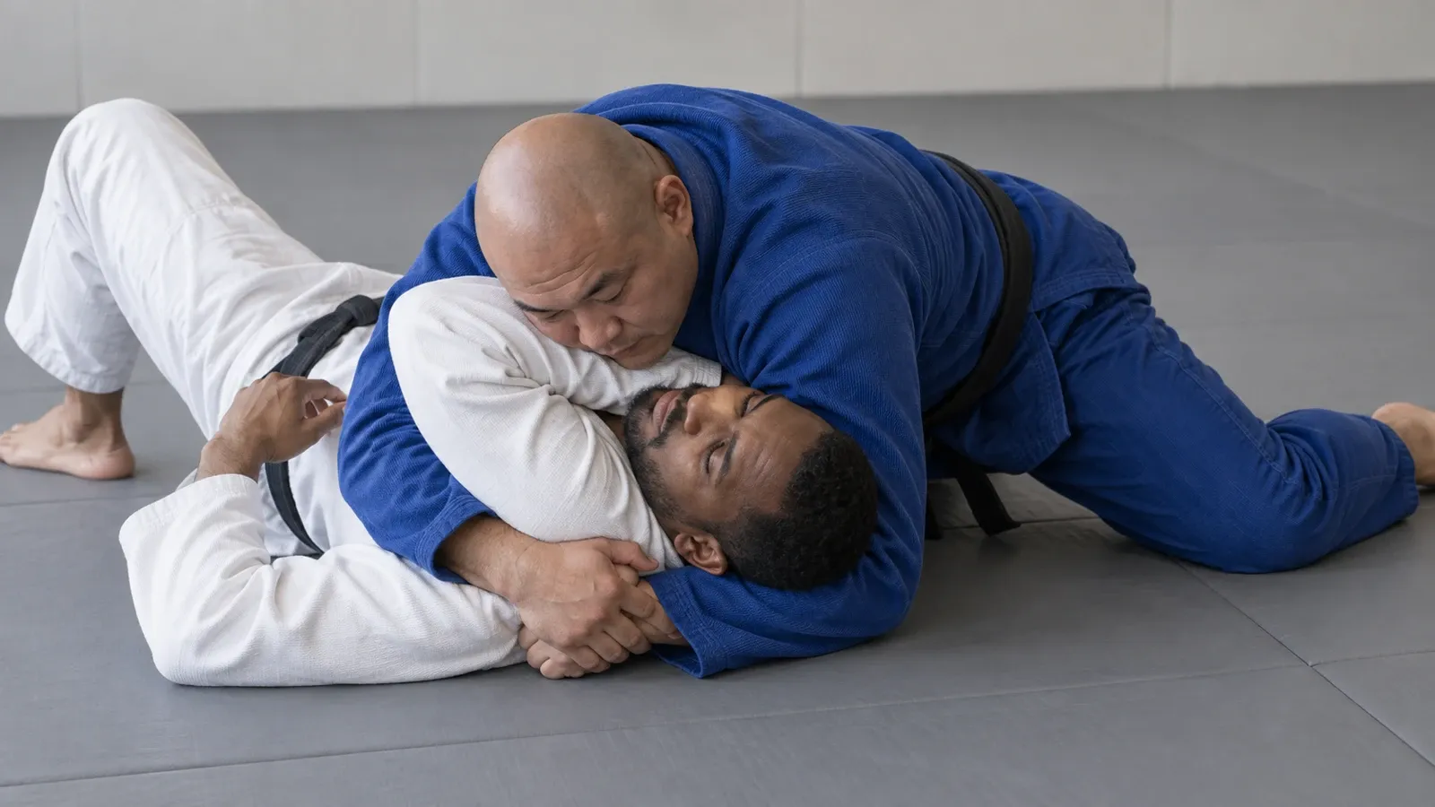 A top player finishing a head and arm choke, the opponent’s own shoulder pressed into their neck.