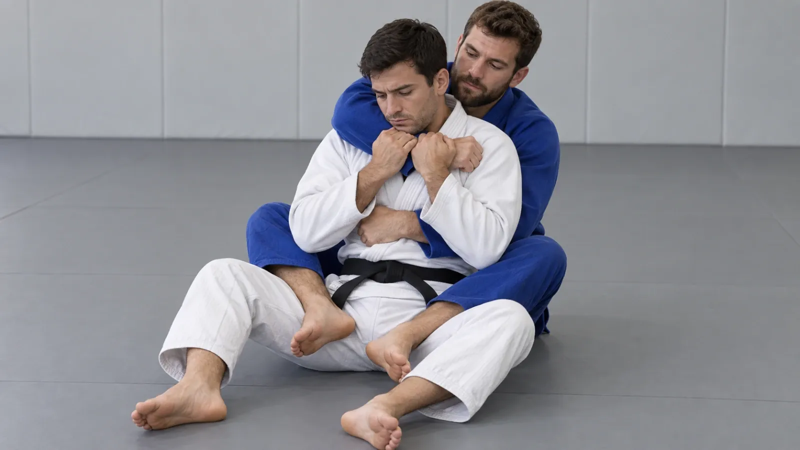 Back control from the defender’s point of view, with the seatbelt grip established and the chin tucked.