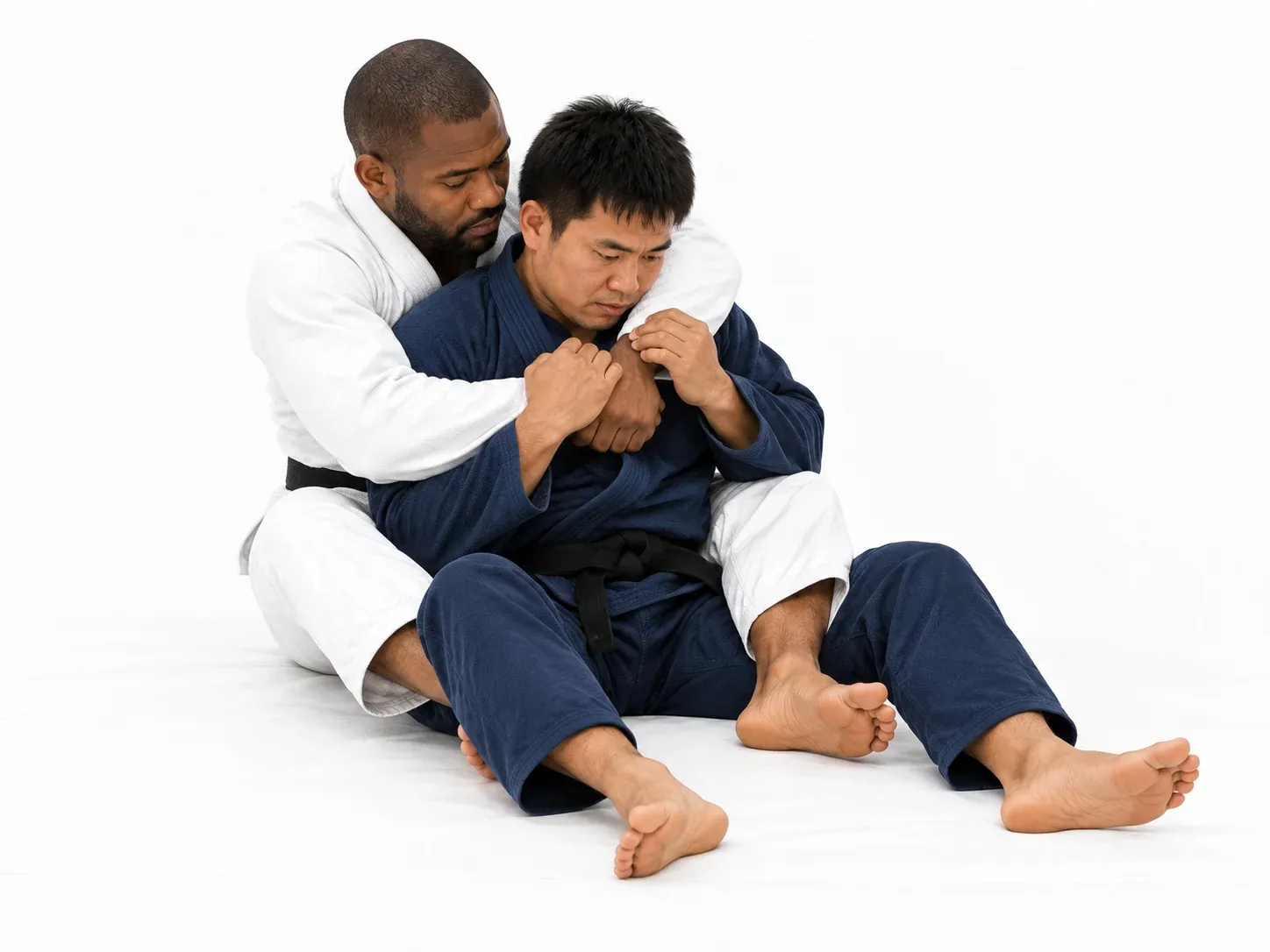 Back control established from behind, the seatbelt grip closed and both legs wrapped around the waist.