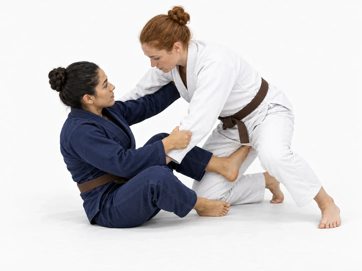 A seated guard player with one foot hooked inside the opponent’s thigh and a sleeve grip.