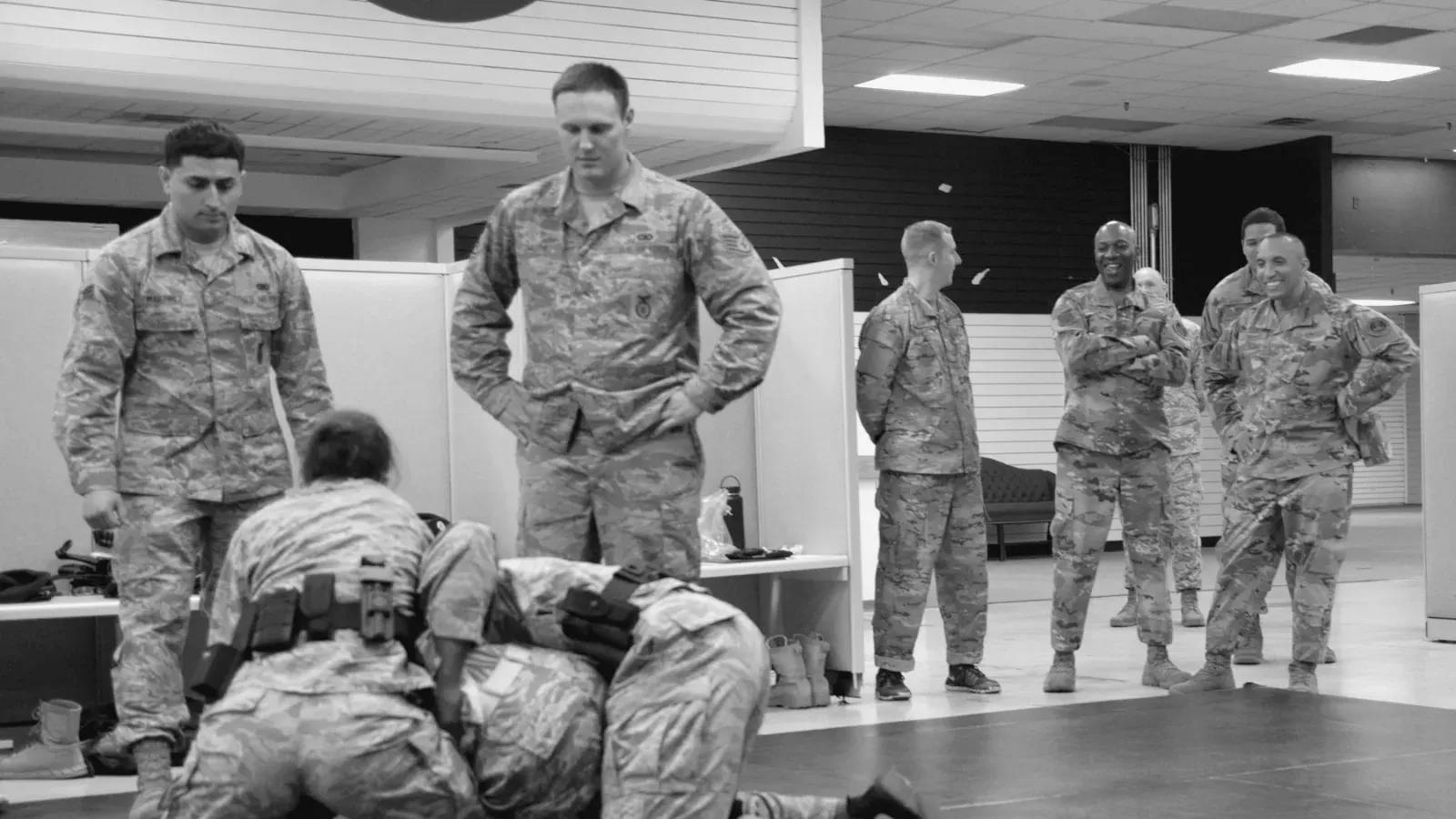 Brazilian Jiu Jitsu practitioners cmsaf wright visits peterson afb while training on the mat.