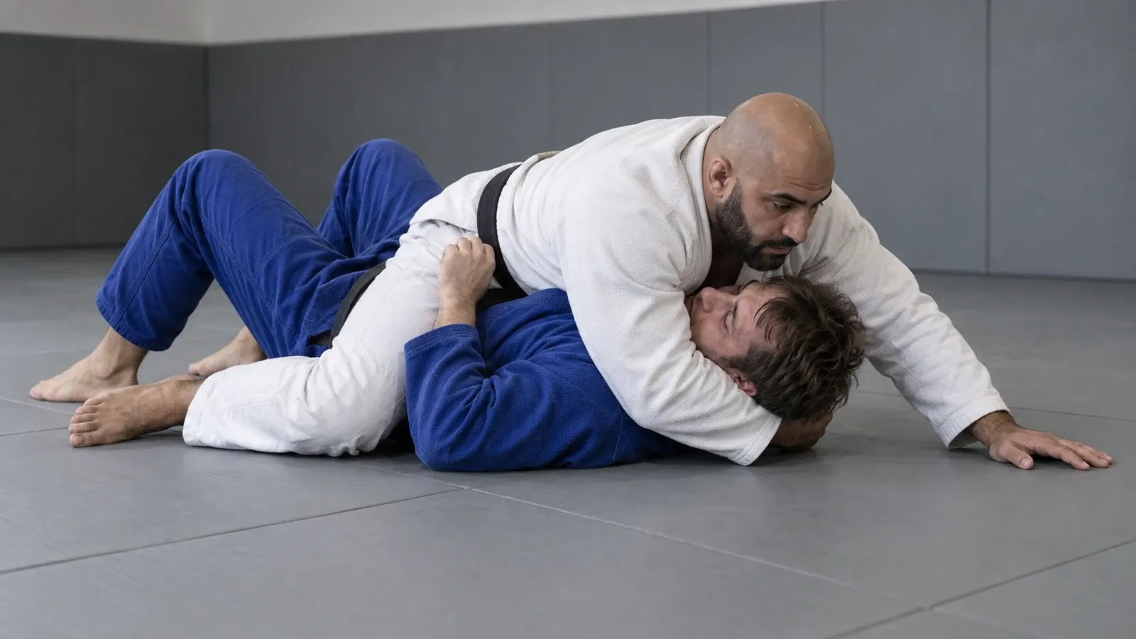 A top player in side control with the near arm driven across the bottom player’s jaw, turning the head away.