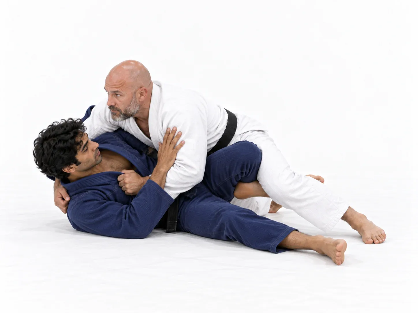 The takedown landed, the opponent on their back with the attacker settling on top.