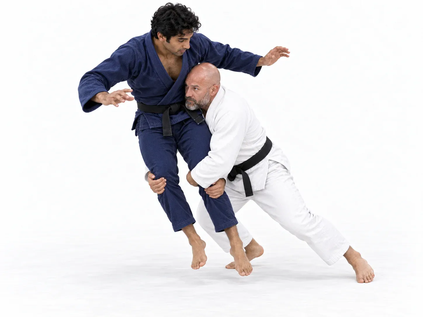 The attacker driving forward through the opponent, whose feet are leaving the mat.