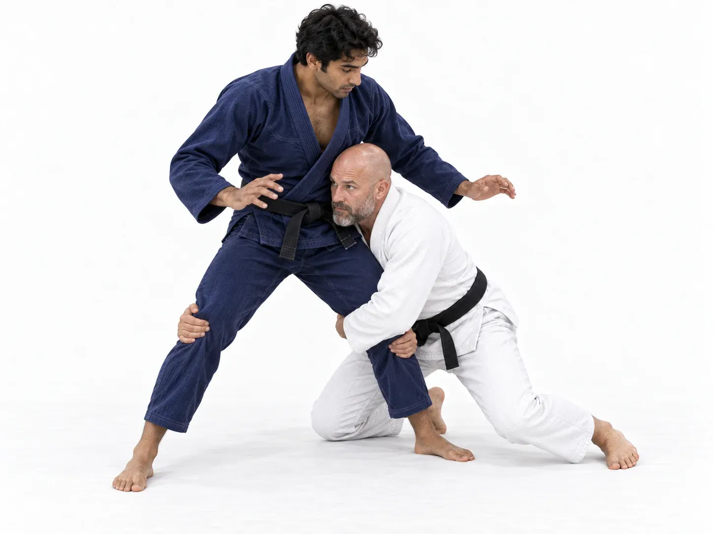 A wrestler dropped to one knee with both arms wrapped behind the opponent’s knees.