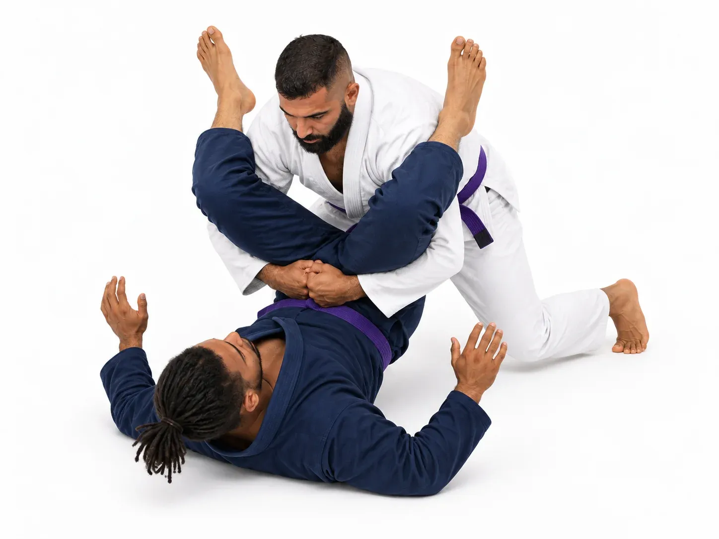 Both of the passer’s arms under the opponent’s legs, the hands joined and the hips stacked.