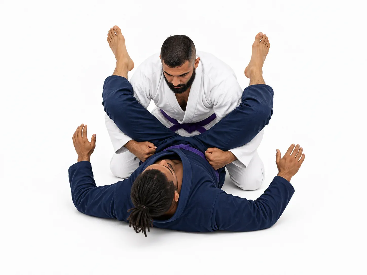 A passer kneeling in front of an open guard, gripping the belt before the arms go under.