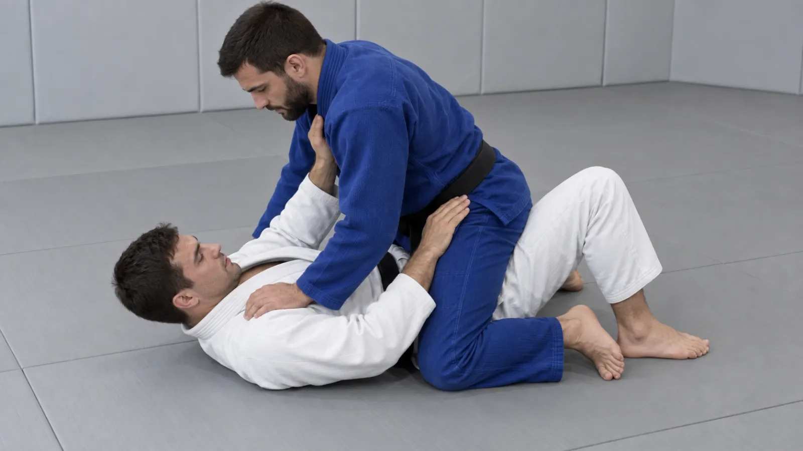 A player on their side underneath side control, forearm framing against the opponent’s hip.
