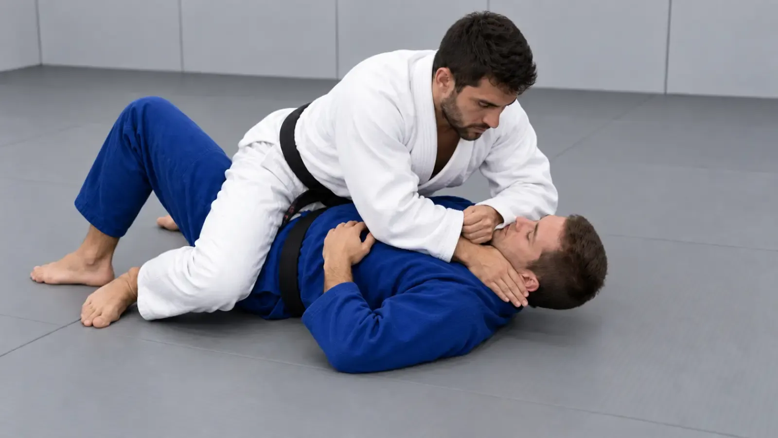 The second forearm across the throat, the loop closed between the two arms.