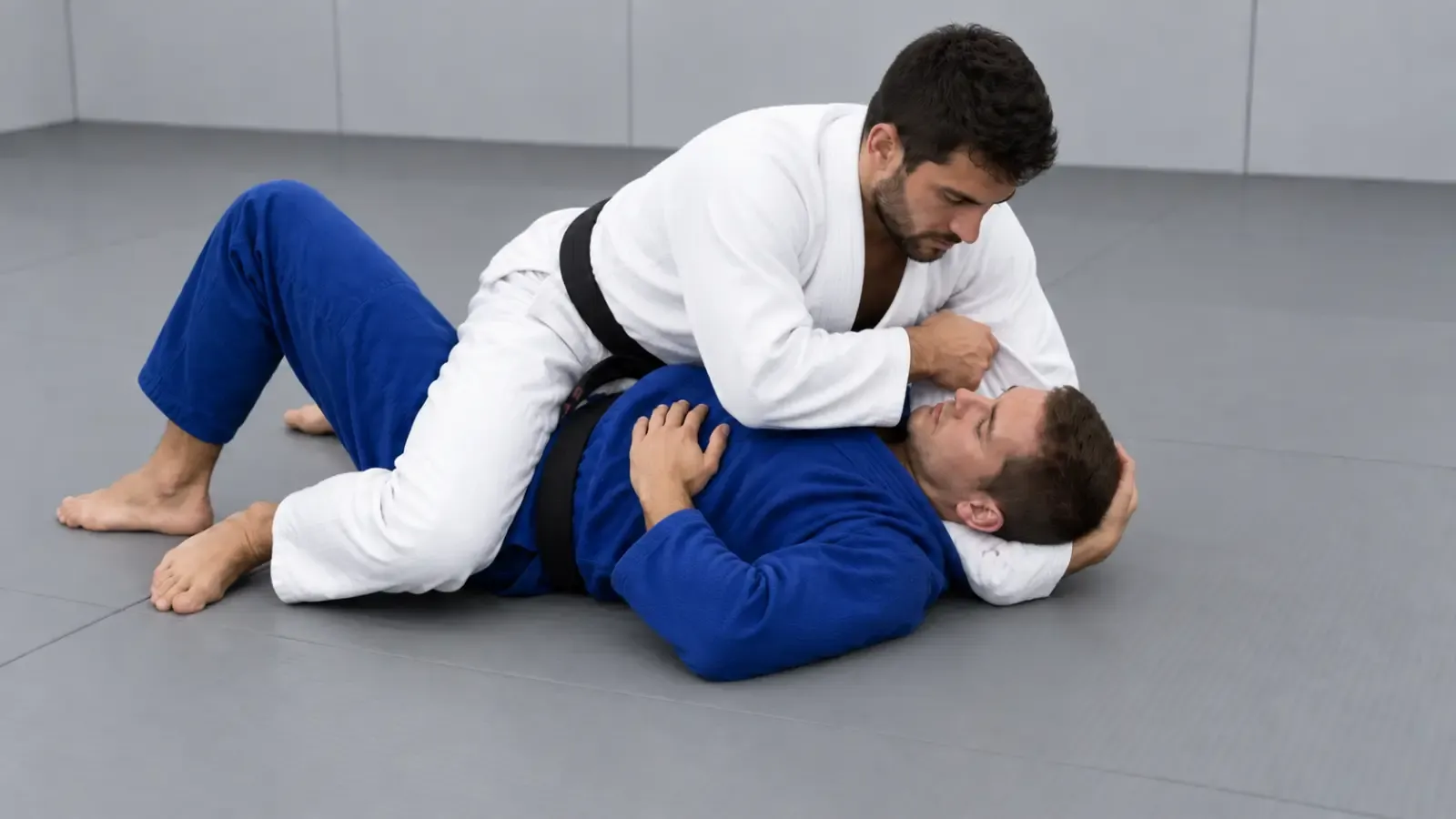 Mount with one arm threaded behind the opponent’s neck, the hand gripping the opposite sleeve.