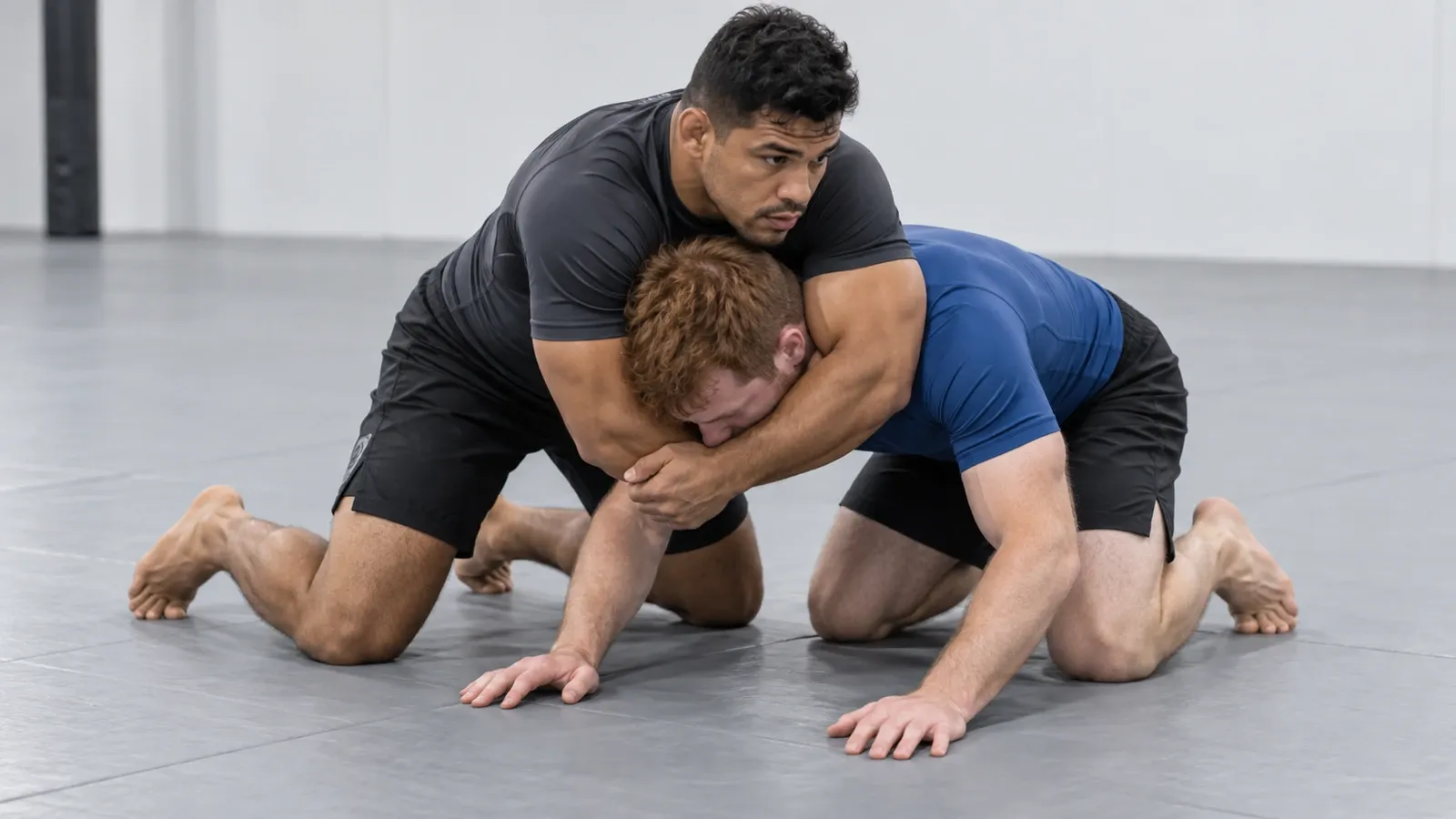 One grappler controlling a bent-over opponent with one arm under the chin and the other under the near armpit.