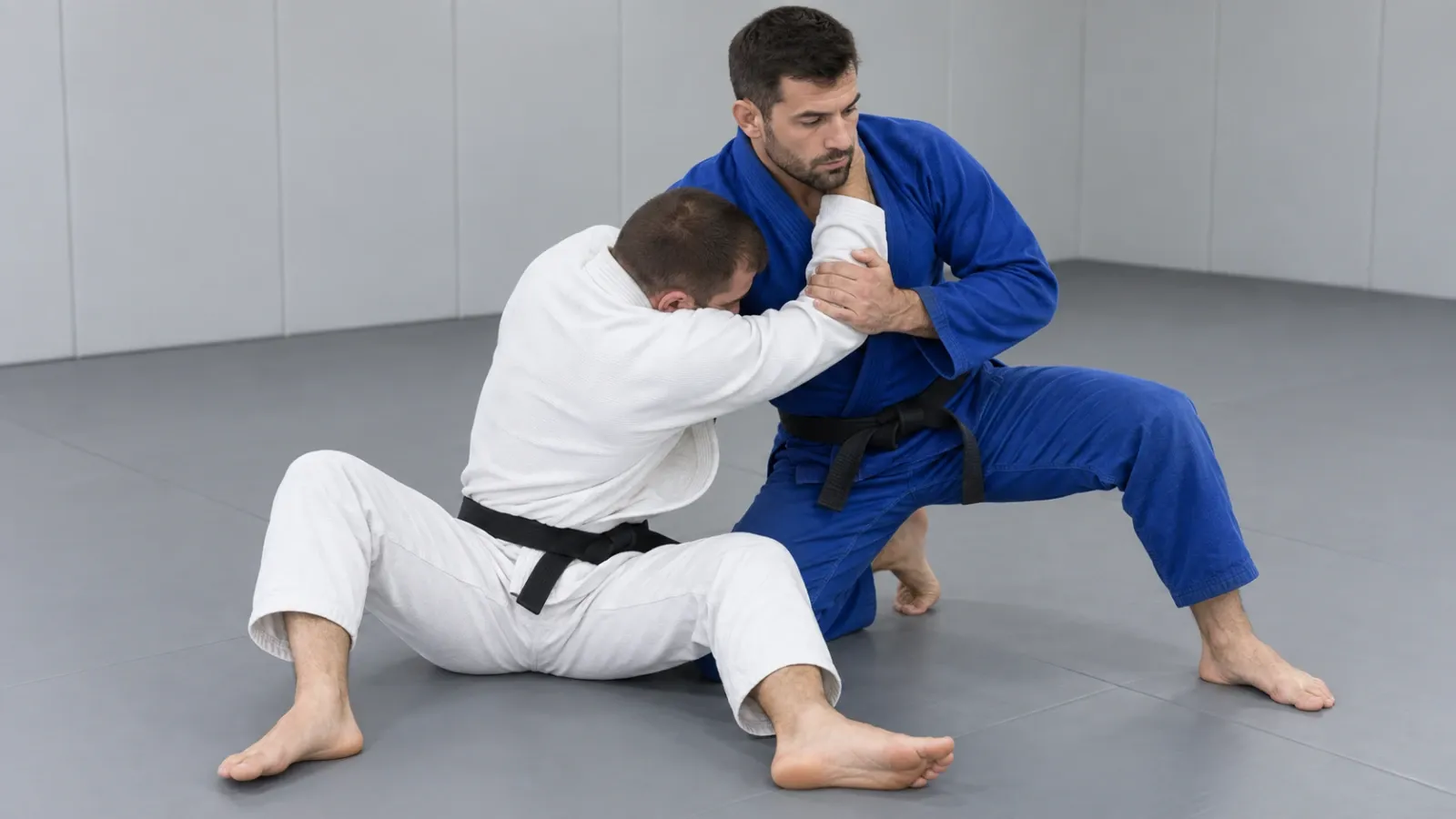 Escaping a guillotine by driving the shoulder into the neck and taking the head to the far side.