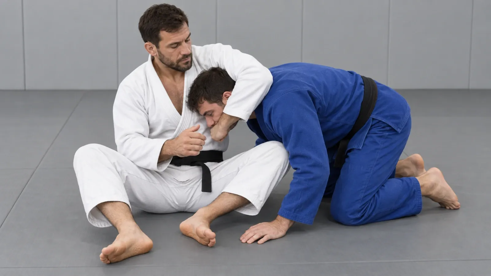 An opponent’s head dropped forward in front of a guard player, the moment a guillotine becomes available.