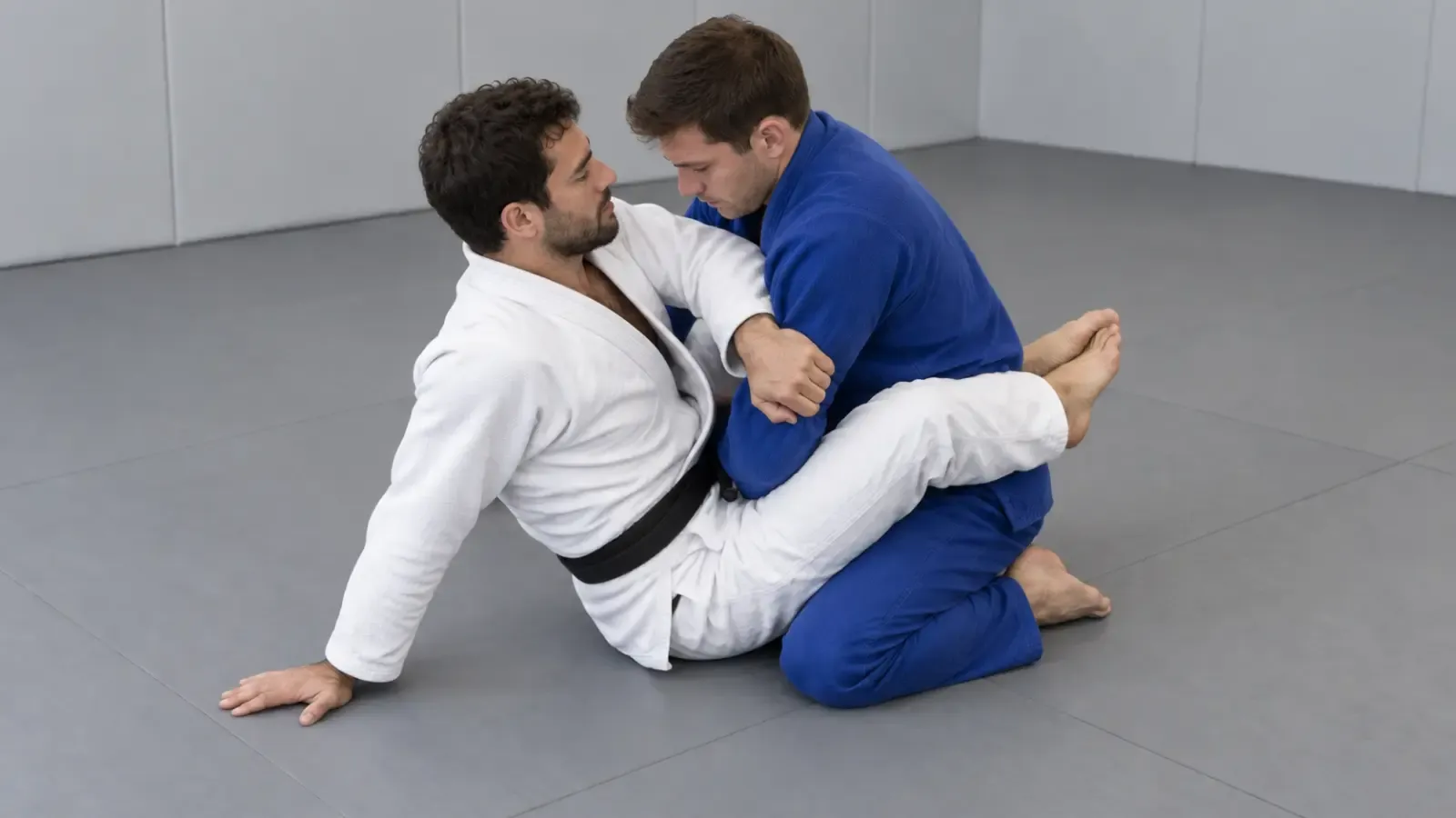 Closed guard from the bottom, immediately before sitting up into a hip bump sweep.