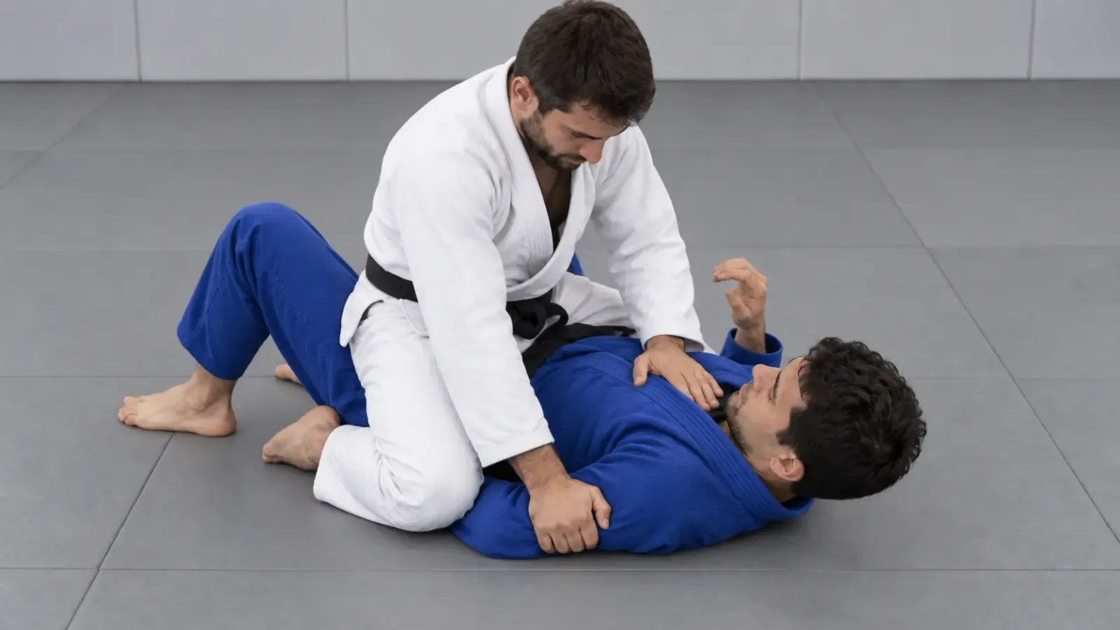 The hip bump sweep finished, the guard player arriving on top in mount.