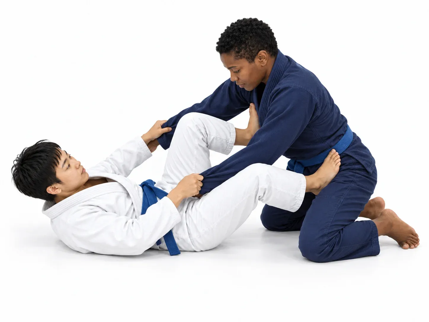Guard recovered, the bottom player’s foot on the opponent’s hip with sleeve and lapel grips.