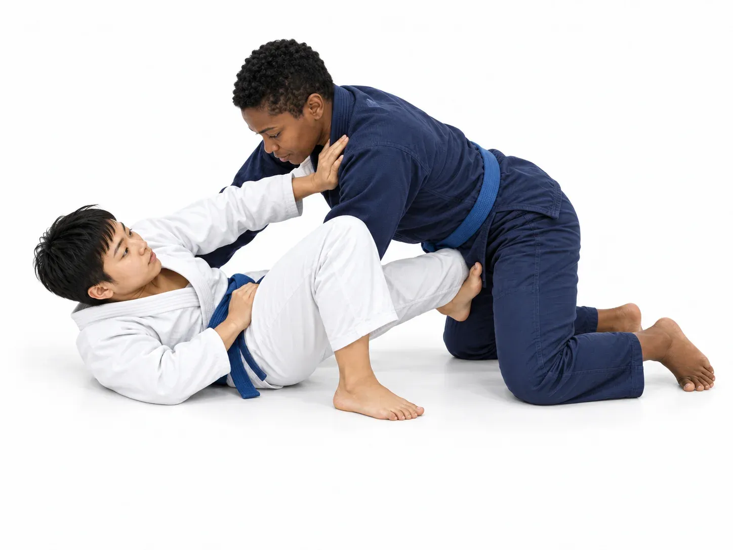 The bottom player turned onto a hip, pushing off a planted foot to bring a knee inside.