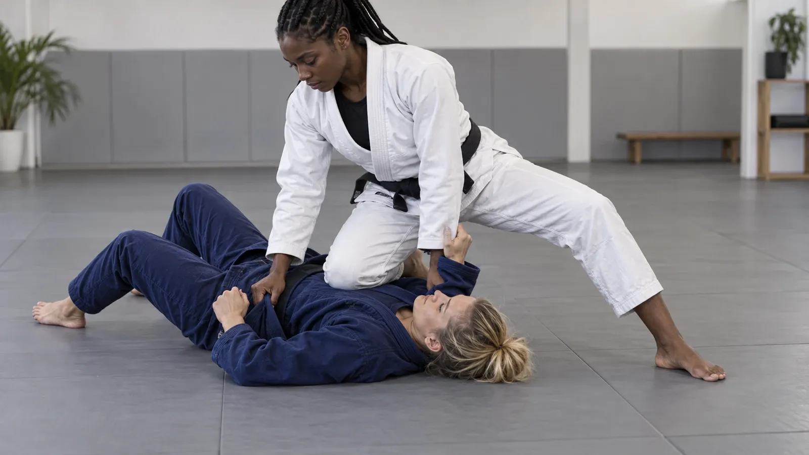 A top player with one shin across the opponent’s midsection, posture upright and the far leg posted wide.