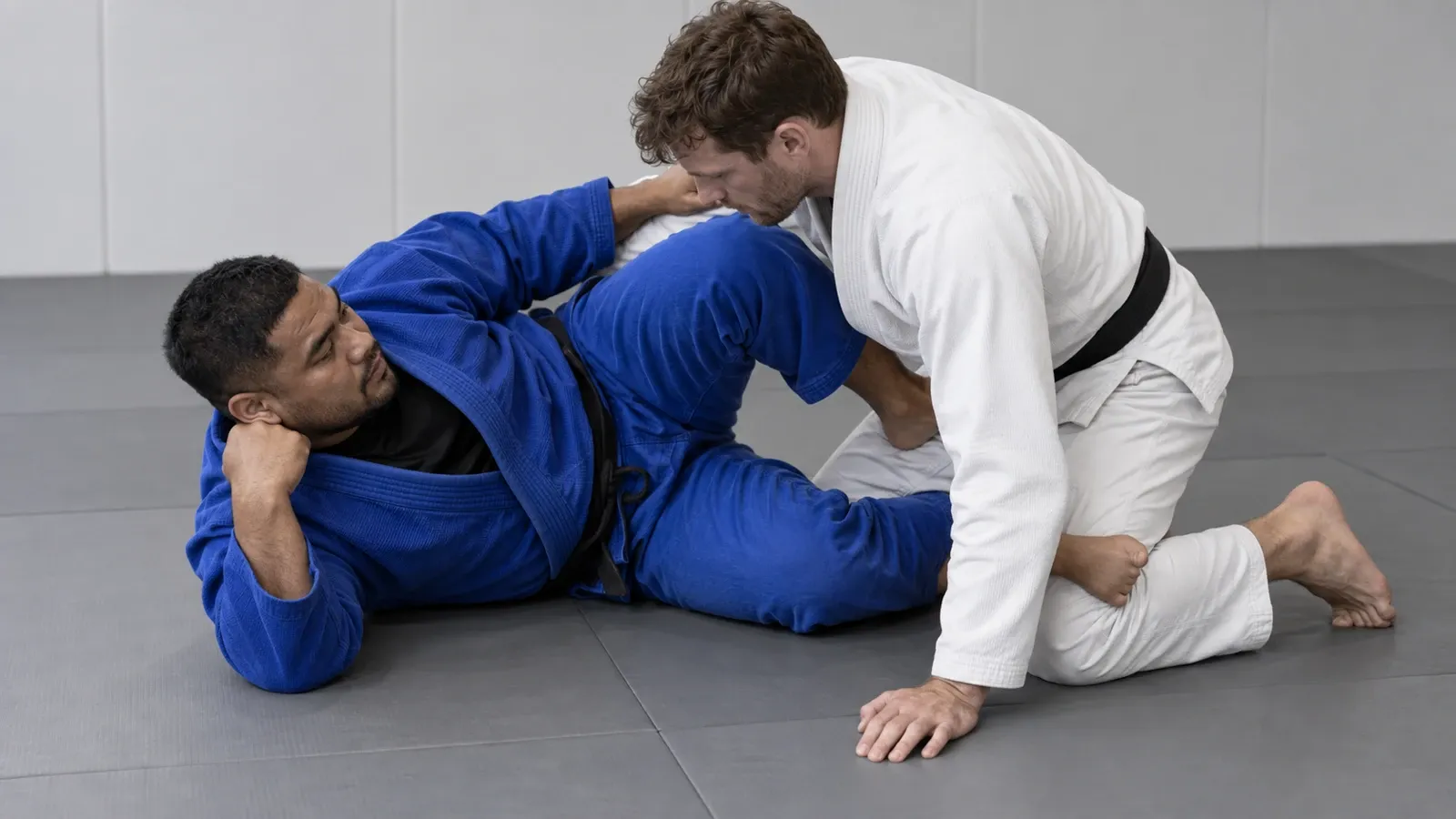 A bottom player with a shin across the top player’s hips, framing to hold the distance.