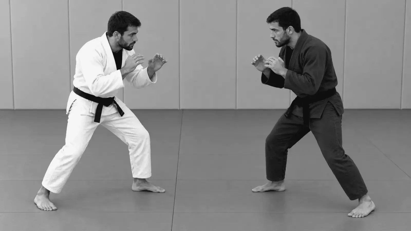 Gi partners practicing balance and a ready stance for standing grappling.
