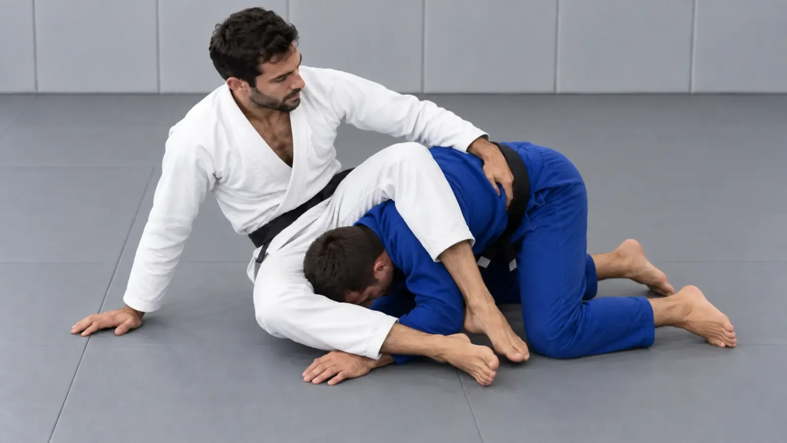 The omoplata attacker sitting up and controlling the opponent’s hip, taking away the forward roll.