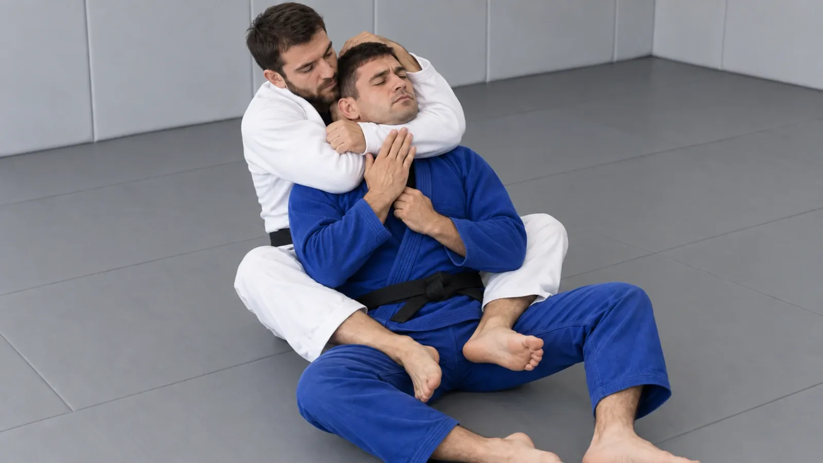 The completed rear naked choke with a palm-to-bicep grip and the second hand behind the opponent’s head.