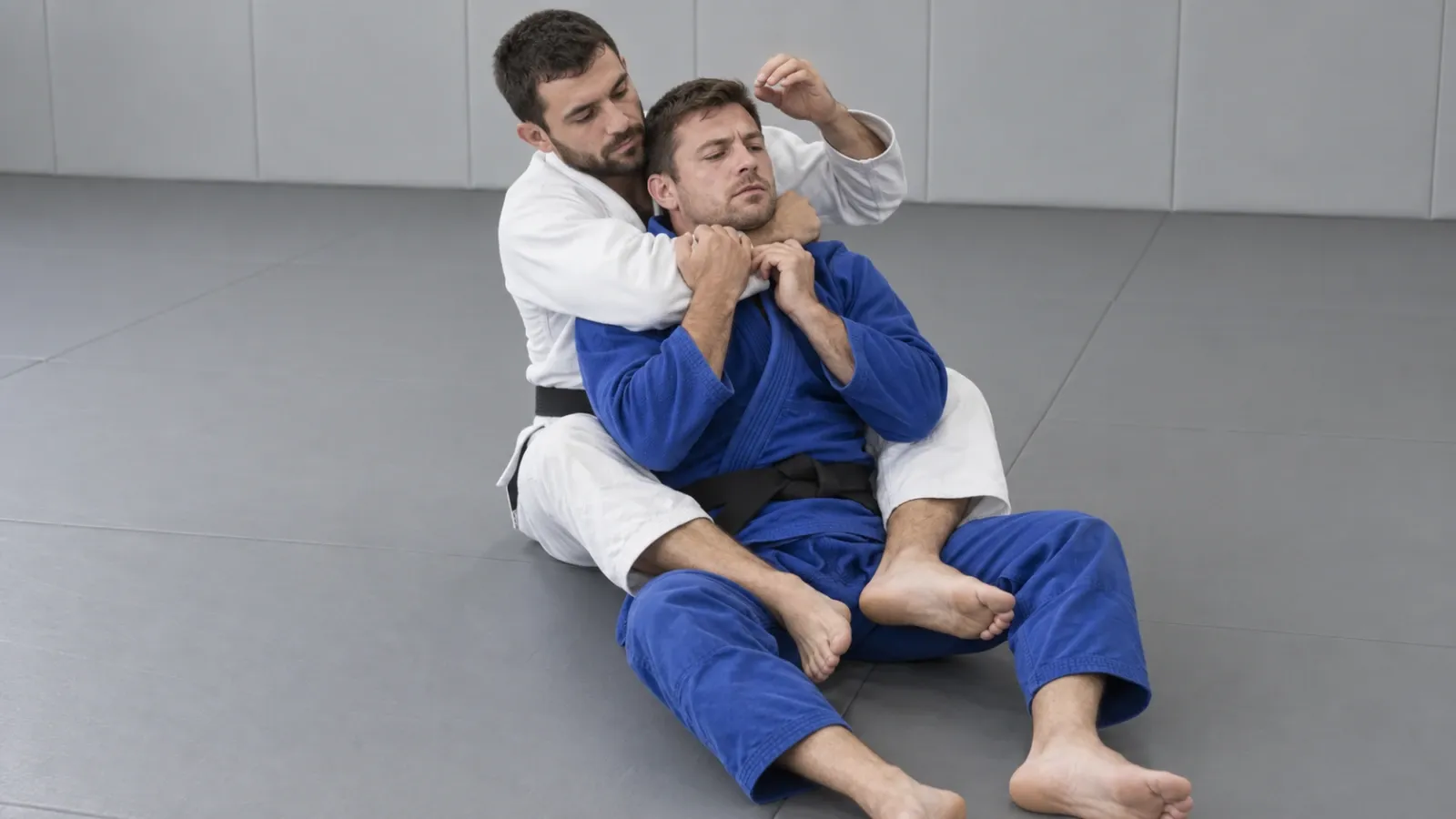 The choking arm sliding under the chin on the centre line, with the second hand moving behind the head.