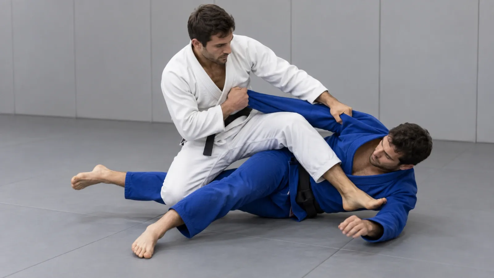 The scissor sweep completing, the guard player following the sweep up into mount.