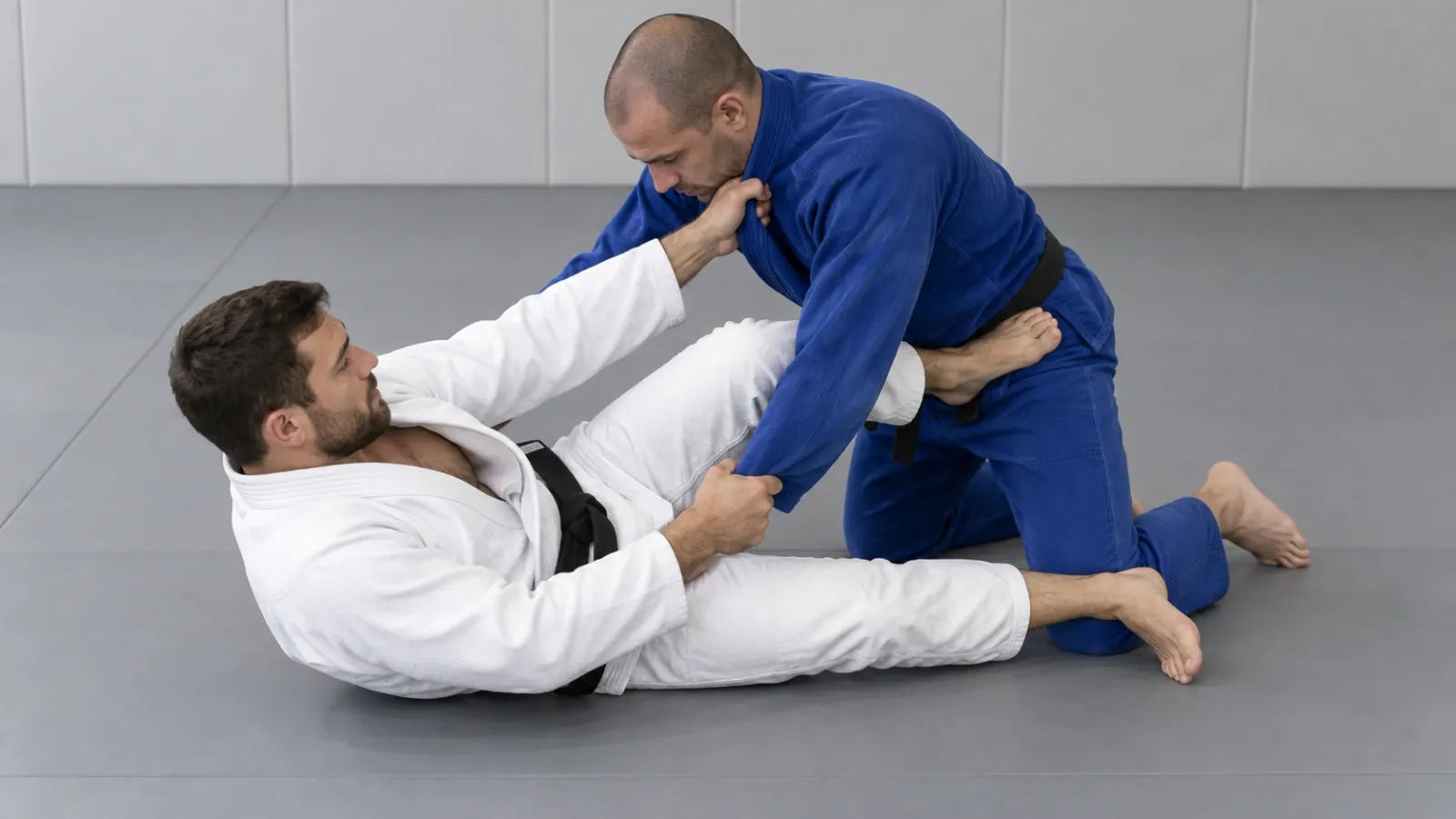 The scissor sweep shin placed across the opponent’s midsection with the other leg dropping low.