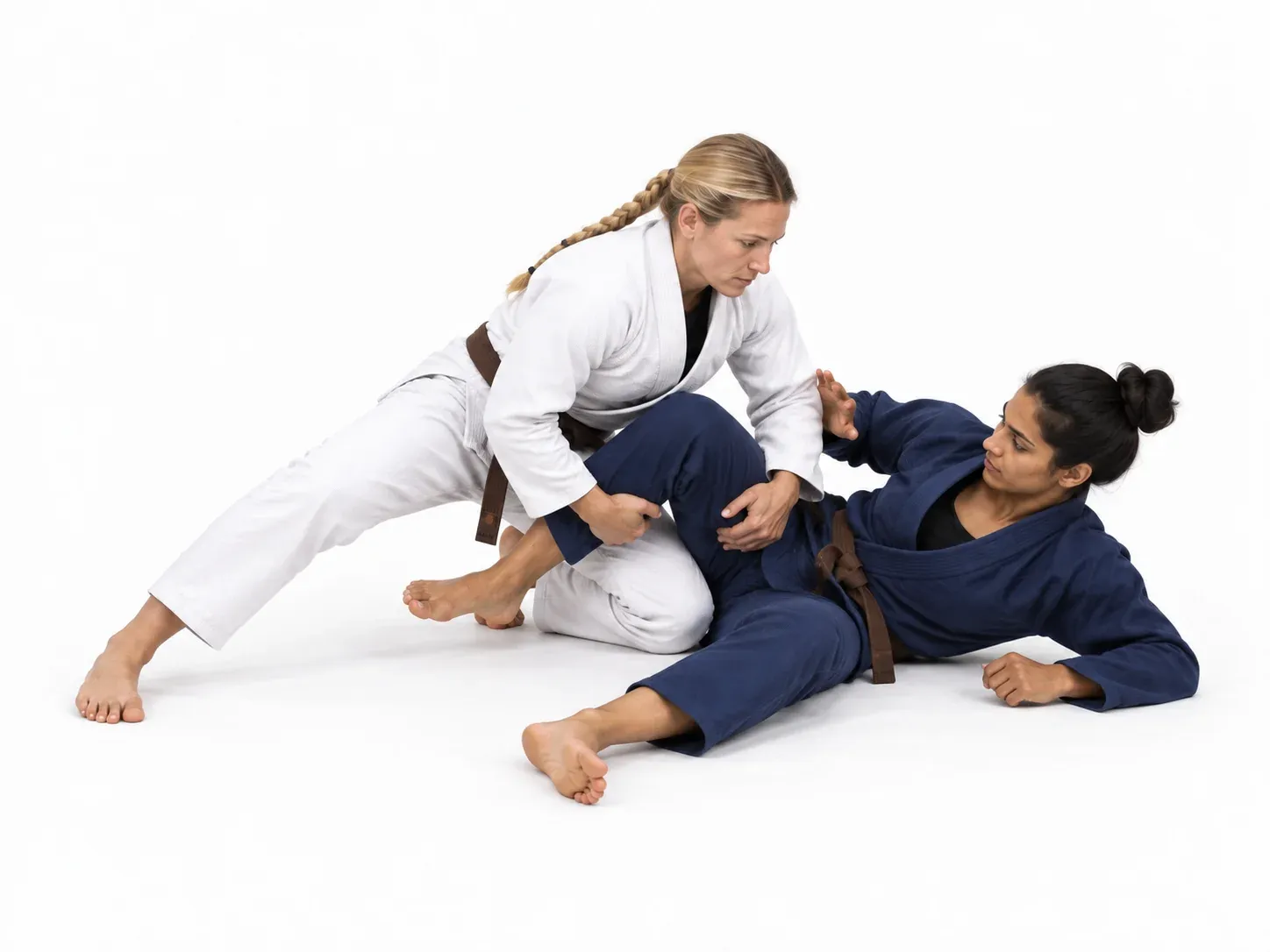 The opponent down on the mat with the attacker still controlling the trapped leg.