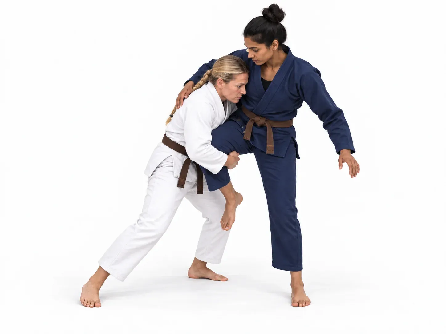 The trapped leg elevated, the opponent balancing on a single remaining foot.