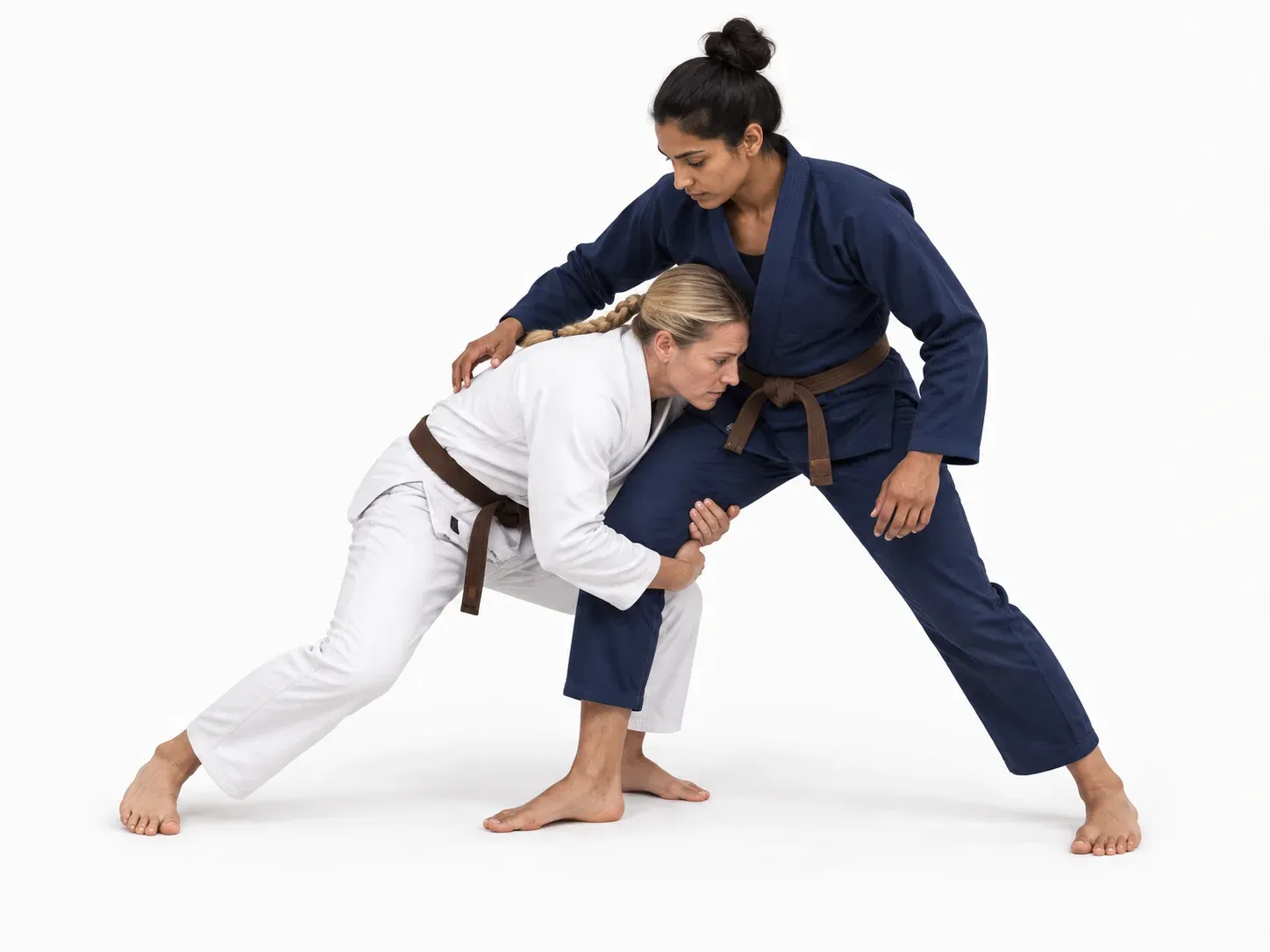One leg captured high and held tight to the chest, the attacker’s head on the outside.