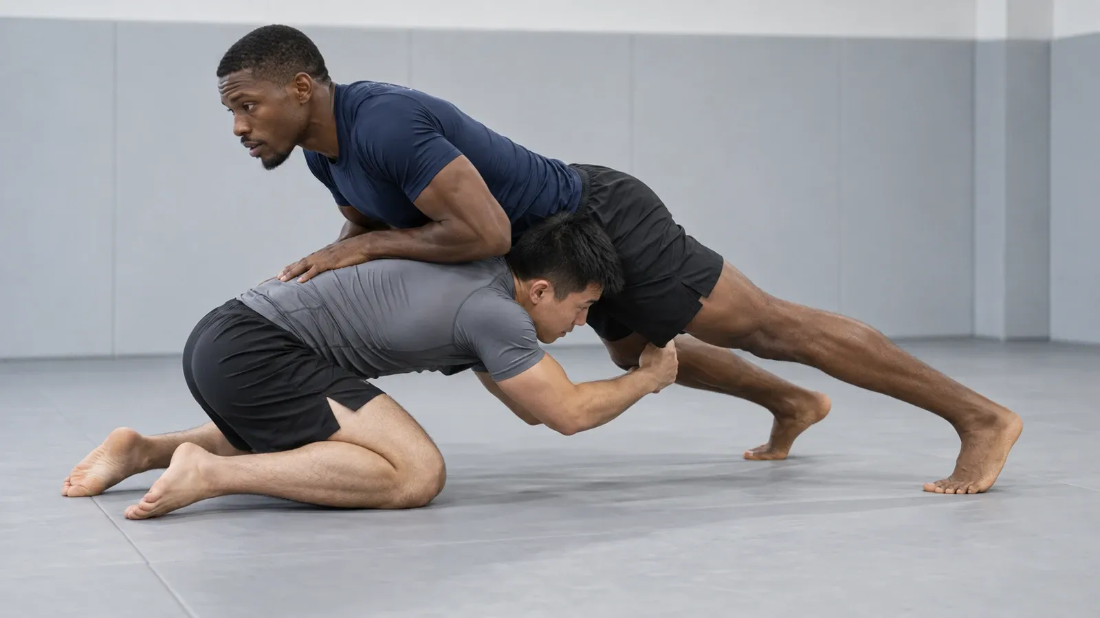 One grappler sprawling their hips down and legs back onto an opponent shooting for a leg.