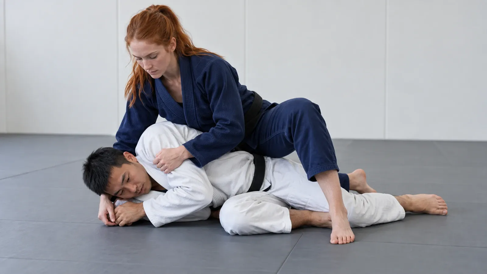 One grappler in a high rotated mount over an opponent who has turned onto their side.