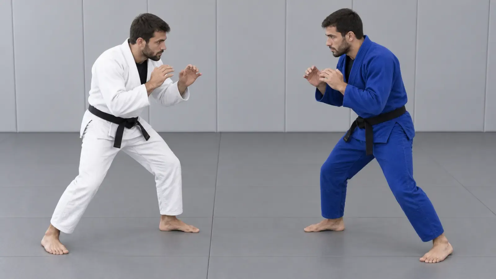 Standing and facing the opponent with a staggered stance and the lead hand up.