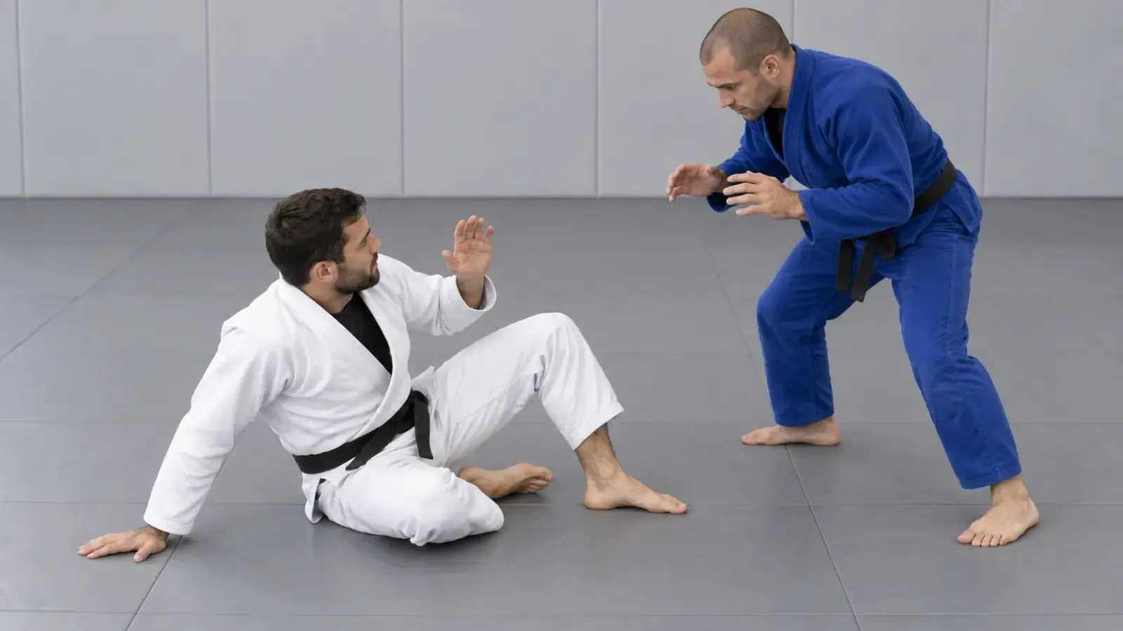 A grappler seated on the mat with one hand and one foot posted, facing the opponent before standing.