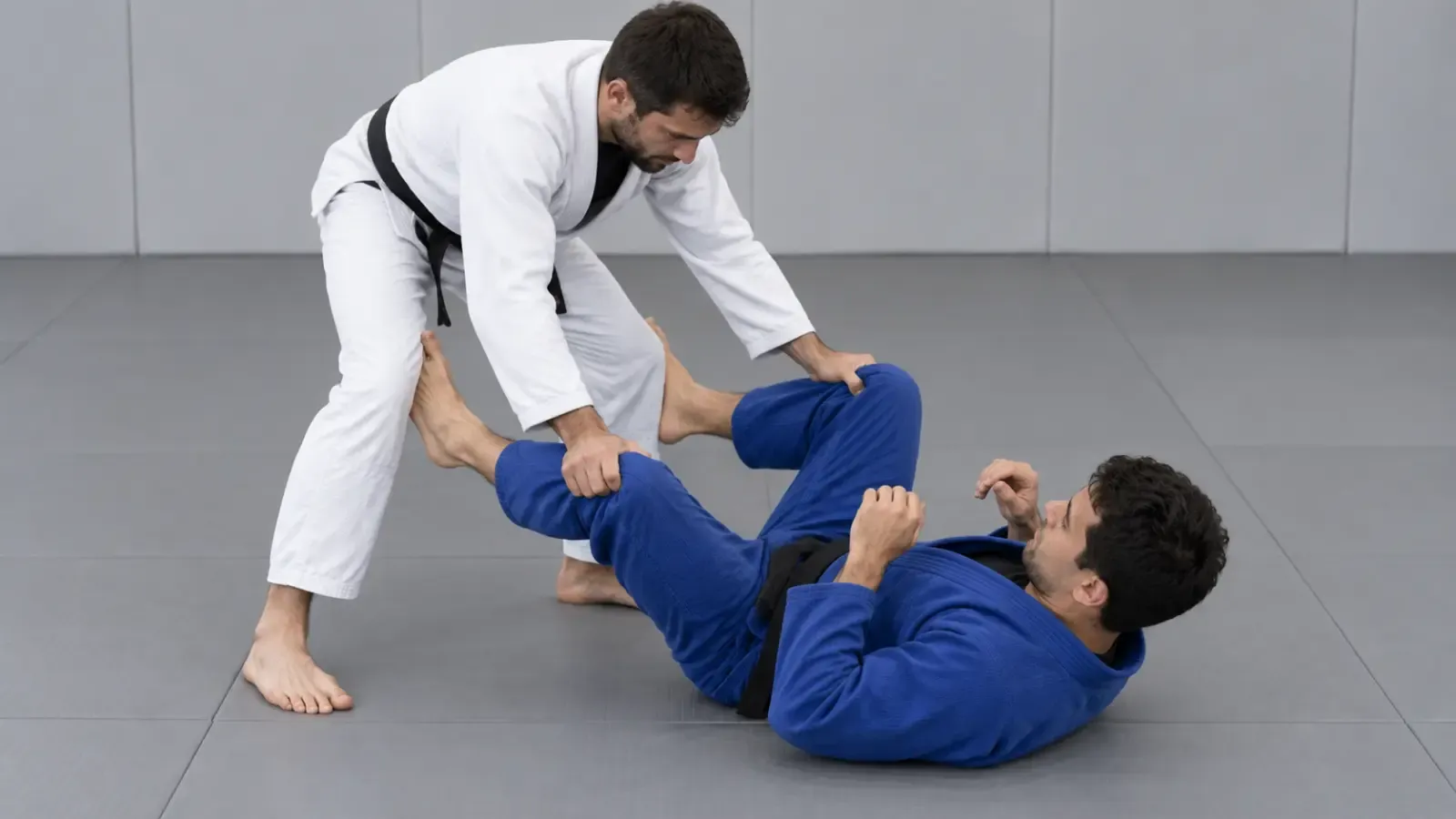 A standing passer gripping the opponent’s knees, ready to steer the legs to one side.