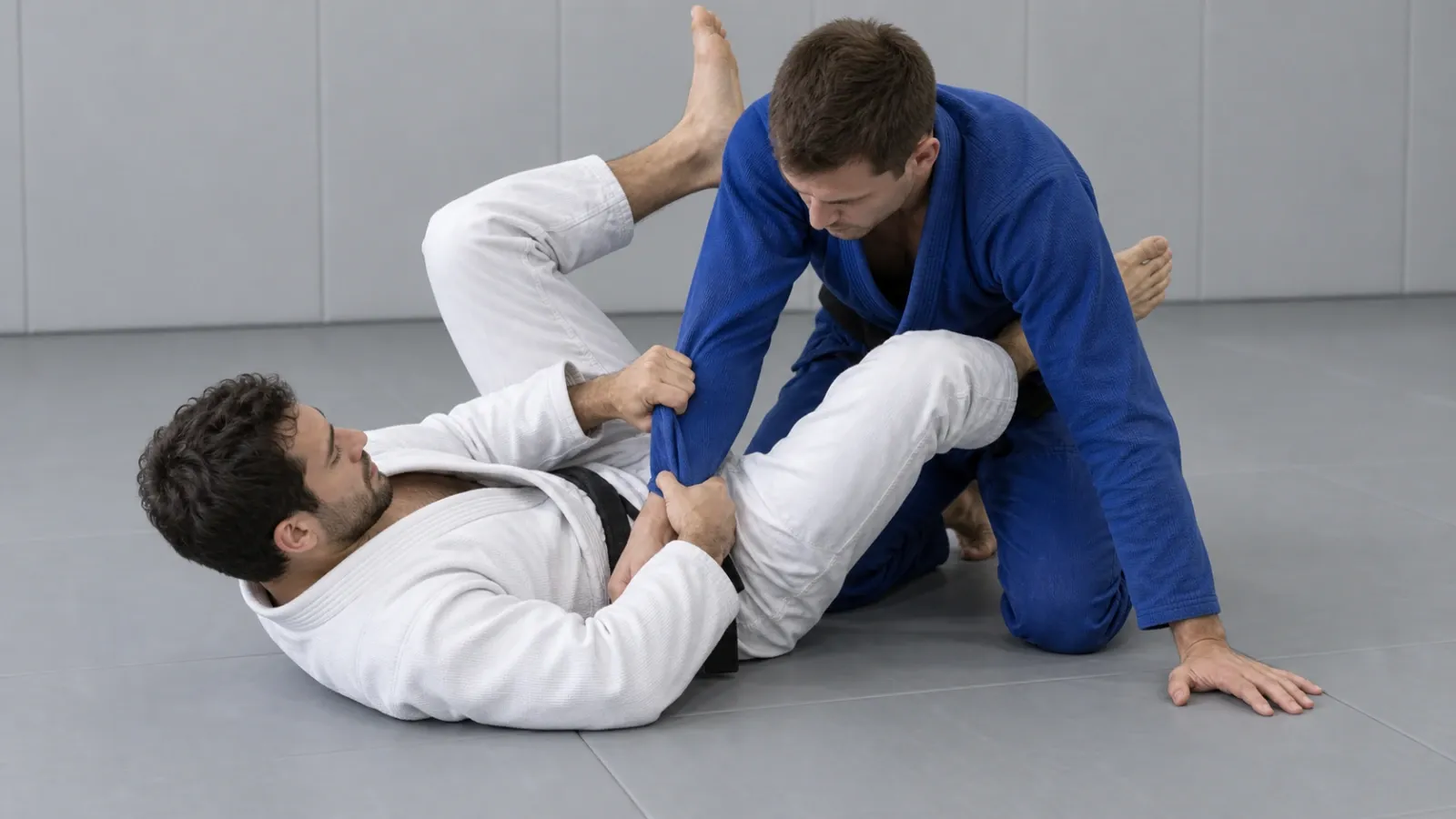 A guard player catching an opponent with one arm inside and one arm outside, the configuration a triangle needs.