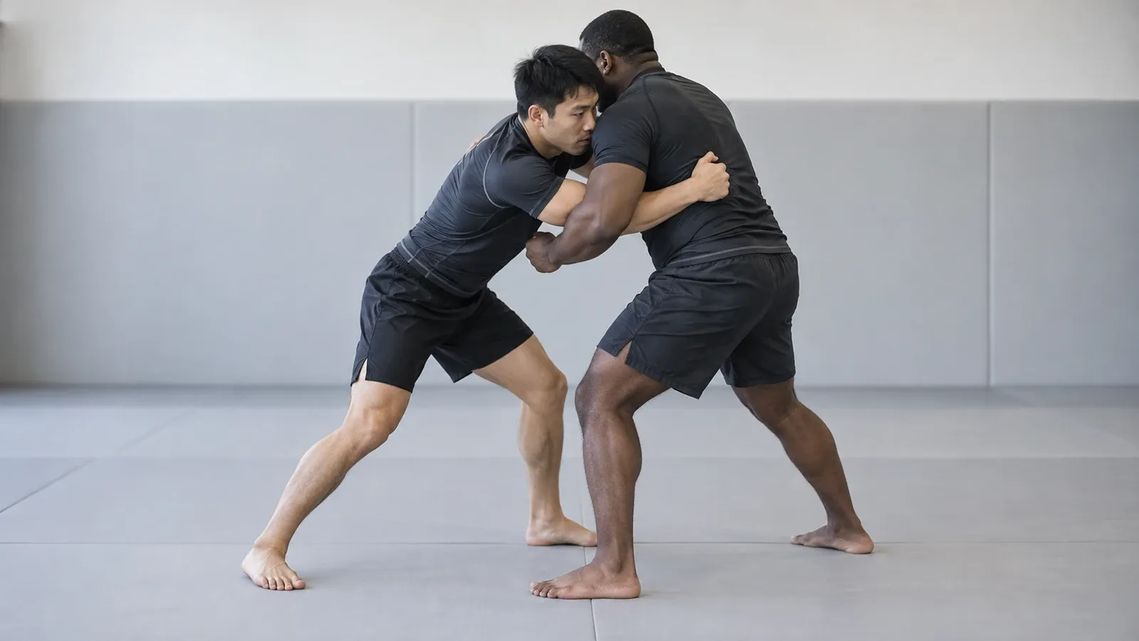 Two grapplers standing chest to chest, one with an arm threaded under the other’s armpit and a hand reaching to the back.