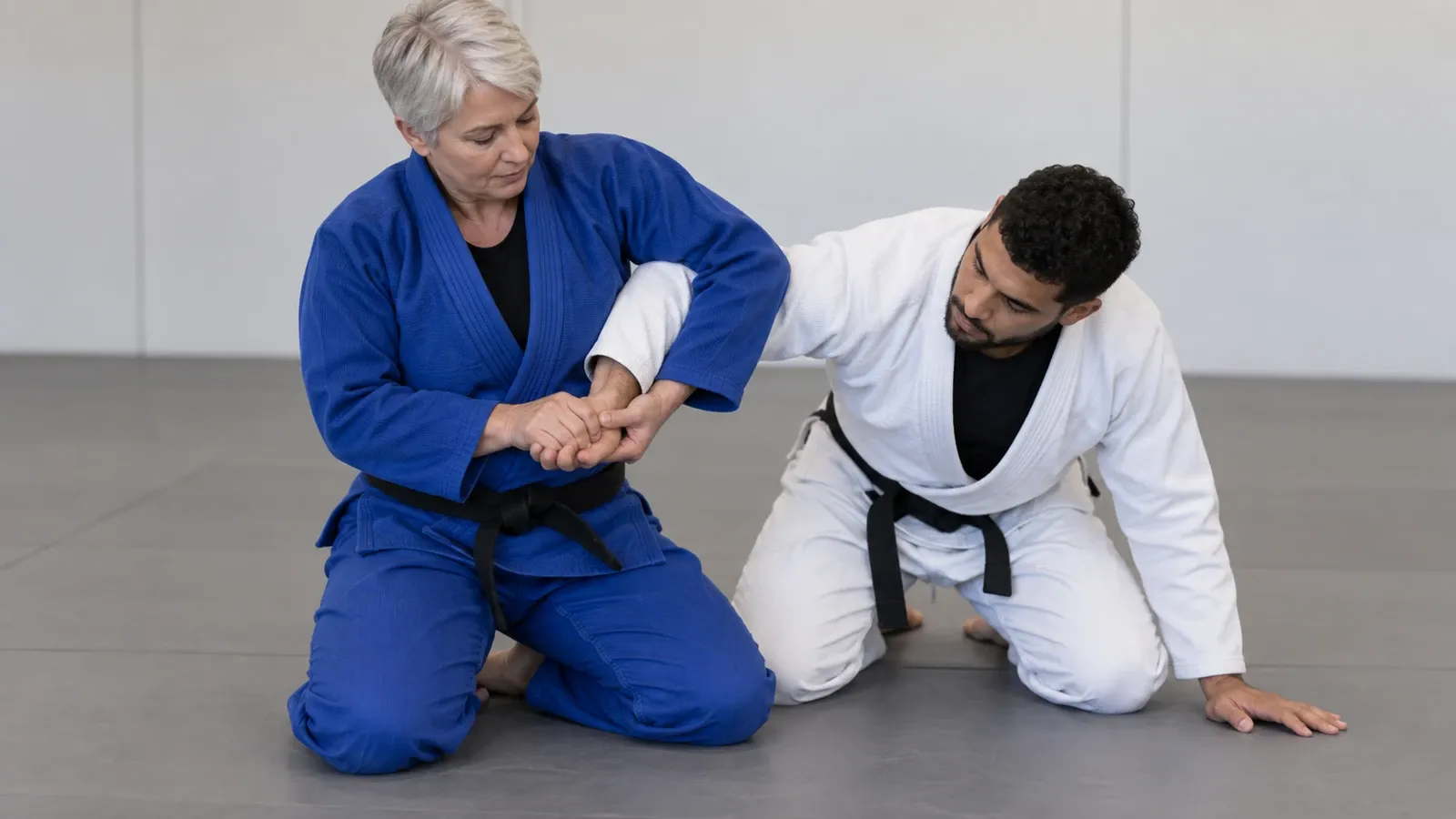 Two grapplers kneeling, one folding the other’s trapped hand towards the forearm.
